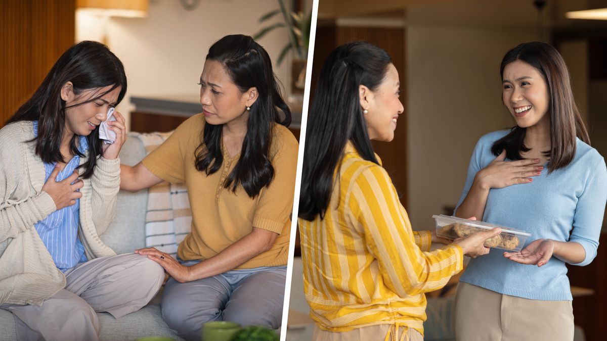 Collage: A sister comforting another sister. 1. She listens attentively while her friend tearfully expresses herself. 2. Later, she brings her friend homemade cookies.