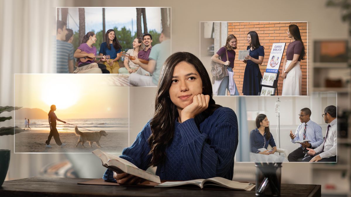 Collage: The sister from the previous image meditates during her personal study on ways that she can remain close to Jehovah. 1. She walks her dog on the beach. 2. She enjoys an outdoor gathering with friends. 3. She shares in cart witnessing. 4. She receives encouragement from two elders while in a hospital.
