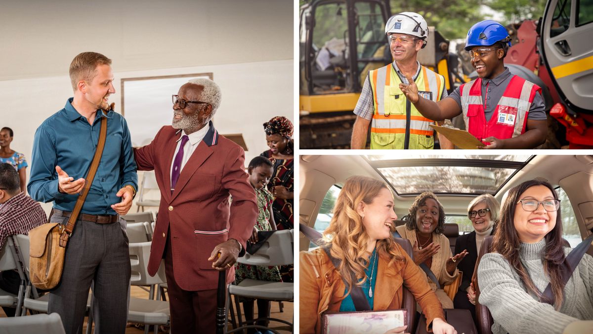 Collage: Brothers and sisters promoting love and unity. 1. Two brothers of different ages and races chat at the Kingdom Hall. 2. A younger brother gives direction to an older brother at a theocratic construction site. 3. A diverse group of sisters enjoy a conversation in the car while in the ministry.