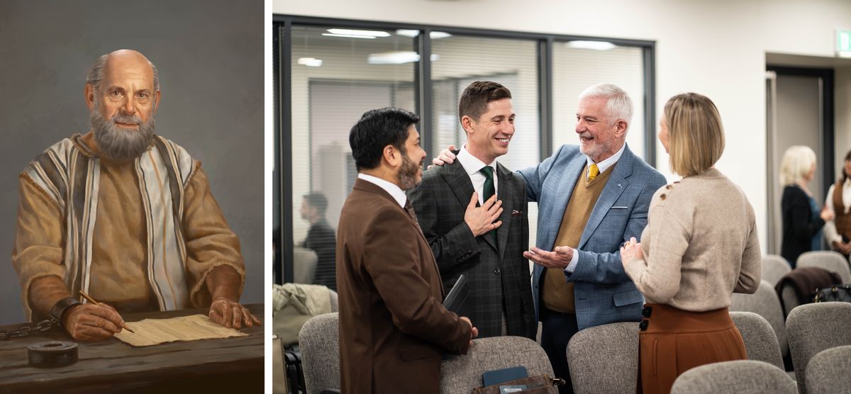 Collage: 1. Paul writing a letter with a prison chain on his wrist. 2. An older brother commending a younger brother in front of others at the Kingdom Hall.