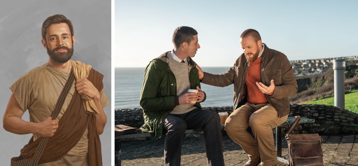 Collage: 1. Onesimus. 2. A brother offering a heartfelt apology to another brother while they sit on a park bench.