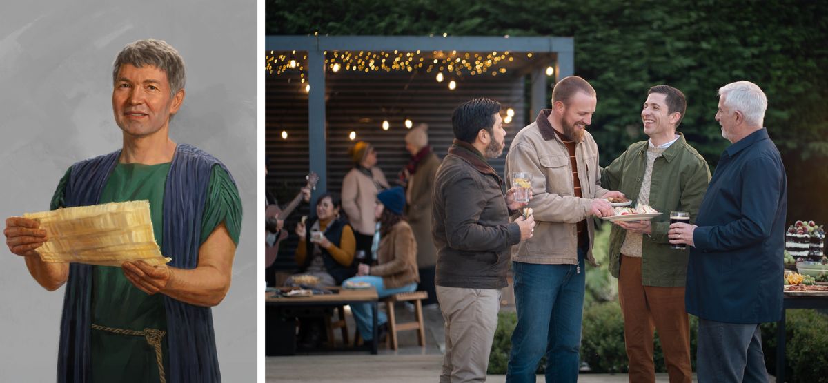 Collage: 1. Philemon holding Paul’s letter. 2. The brothers from the previous image enjoy a conversation with each other and others at a gathering.