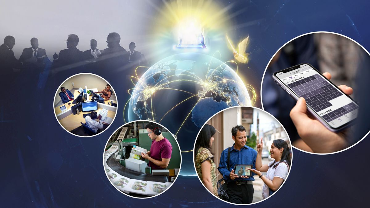 Collage: Theocratic activity around the world. 1.&nbsp;Jehovah sitting on his throne and an angel flying above the earth. 2.&nbsp;A silhouette of the Governing Body at a conference table. 3.&nbsp;A translation team. 4.&nbsp;A brother in a printery inspecting newly printed “Enjoy Life Forever” books. 5.&nbsp;A brother and sister showing a sign language video to a woman in the ministry. 6.&nbsp;A mobile phone displaying the JW Library app.