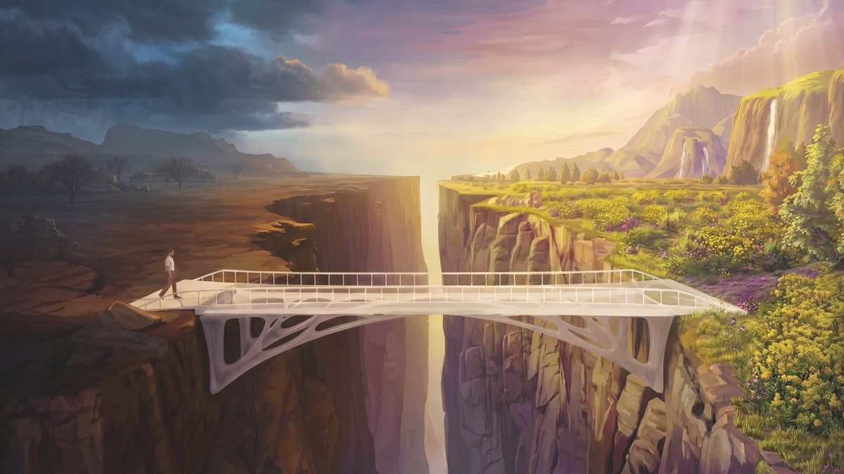 A man crossing a bridge that spans a chasm between a landscape that is dark and barren and one that is bright, beautiful, and lush.