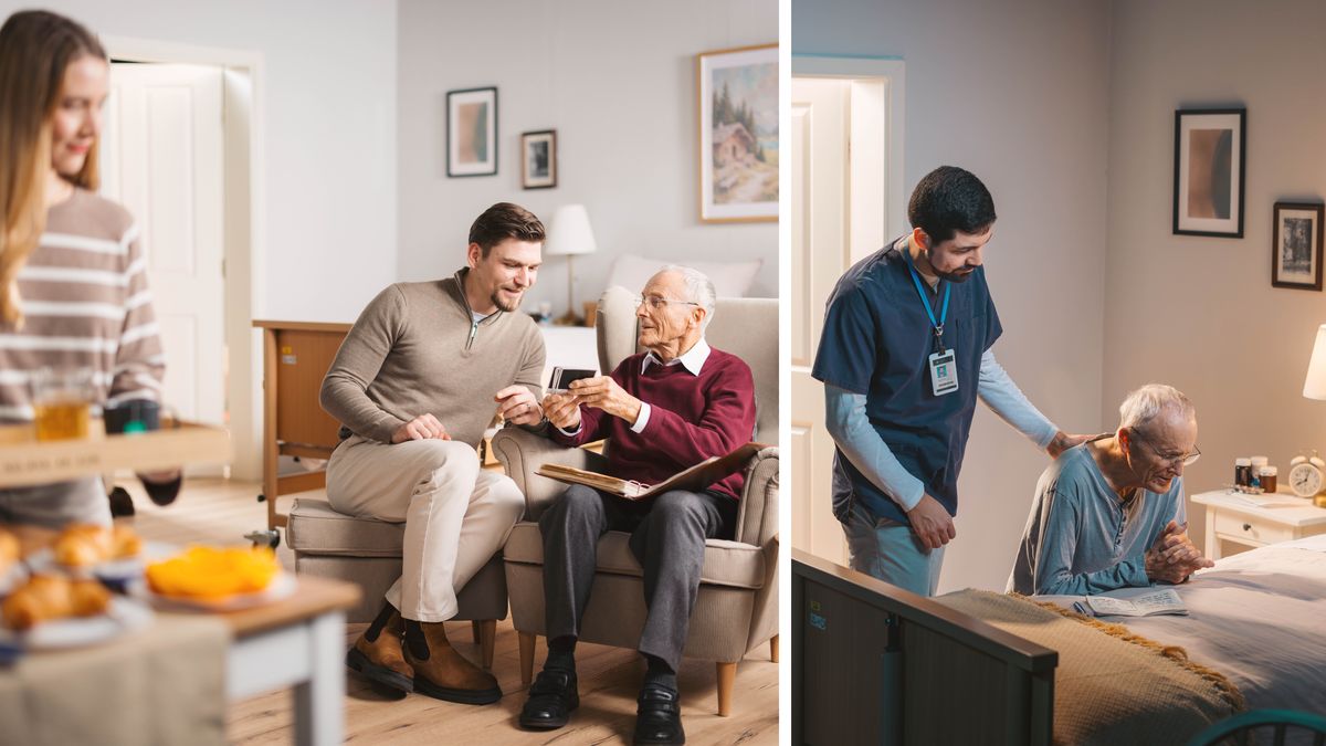 Collage: 1.&nbsp;A young couple visit an elderly brother. The wife prepares refreshments while the elderly brother shows photos to her husband. 2.&nbsp;Before going to bed, the elderly brother kneels by his bed and prays. A notebook lies open on his bed, and his caregiver observes him.