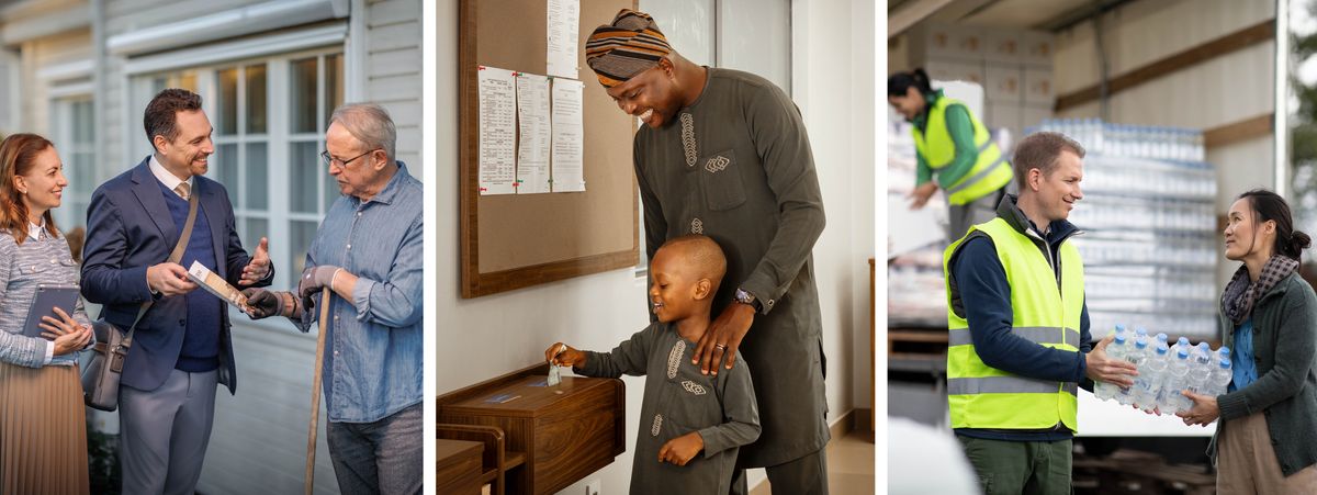Collage: Brothers and sisters showing love. 1.&nbsp;In the door-to-door ministry, a couple offer a “Watchtower” magazine to a householder. 2.&nbsp;A father helps his son put money into a contribution box at the Kingdom Hall. 3.&nbsp;A brother gives a case of bottled water to a sister in need.