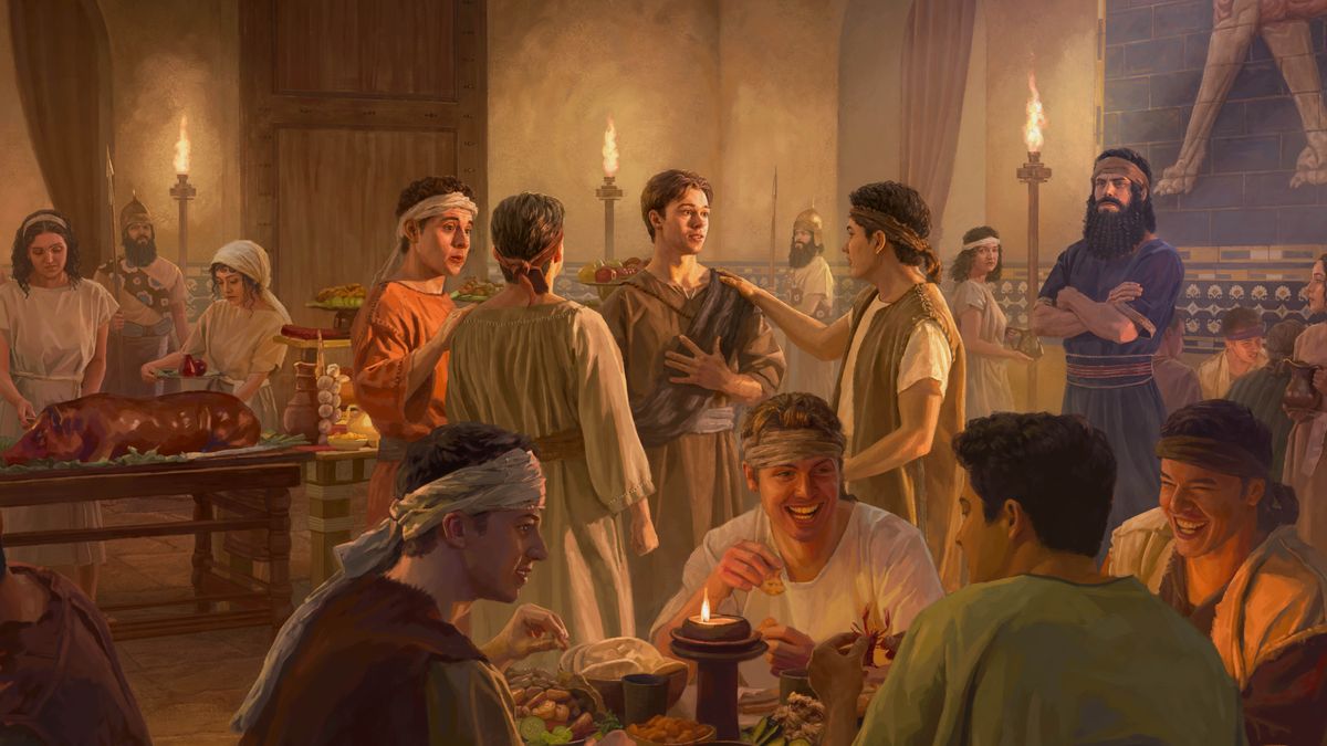 Daniel, Shadrach, Meshach, and Abednego encouraging one another in a Babylonian dining room while other young men are enjoying the king’s delicacies.