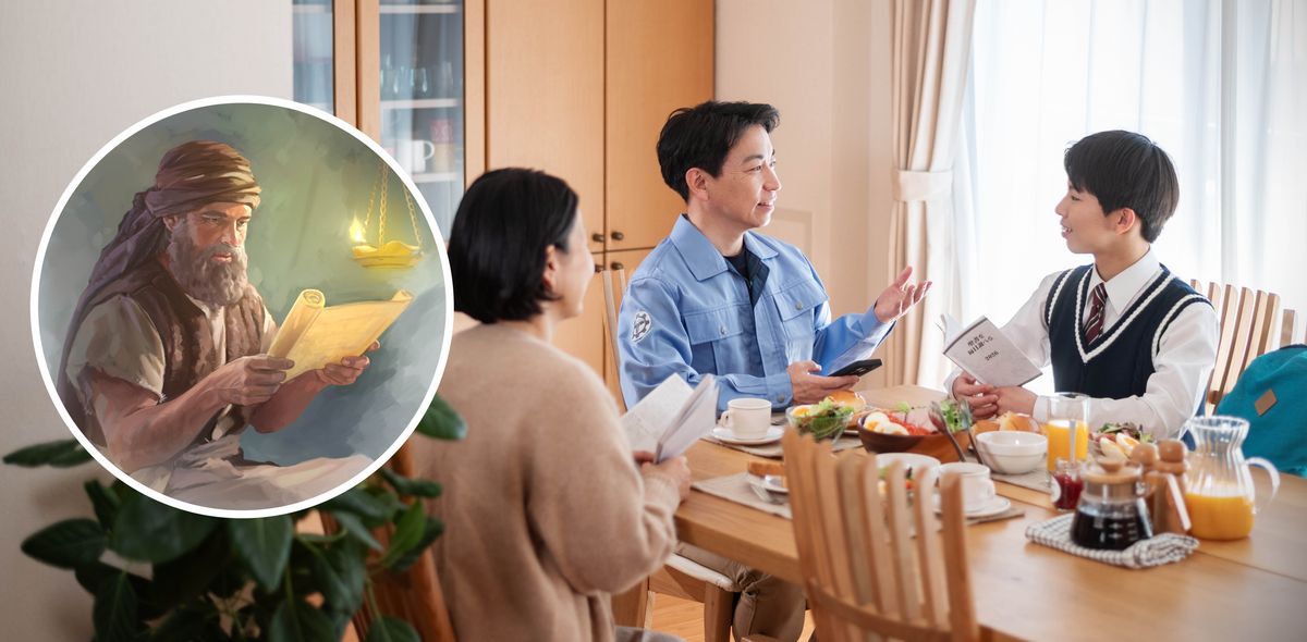 Collage: God’s people gaining strength by reading the Scriptures daily. 1.&nbsp;Joshua reads from the book of the Law. 2.&nbsp;A family considers the day’s text during breakfast before they go to school or work.