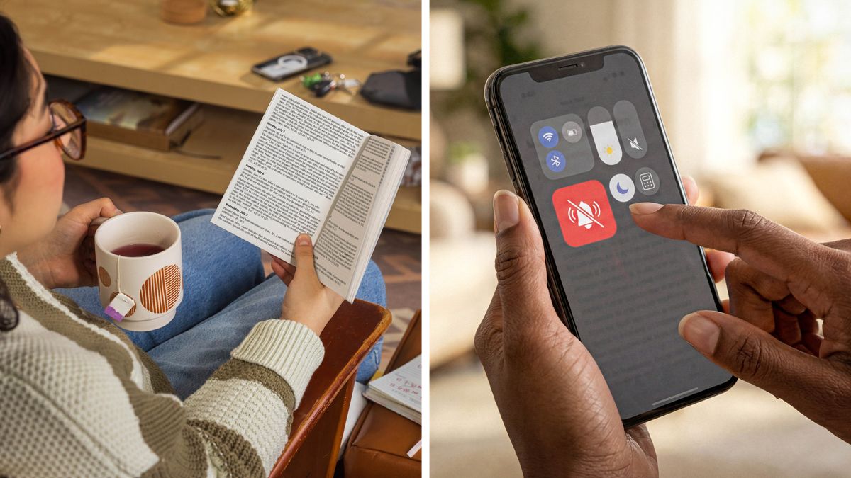 Collage: Avoiding distractions while reading the day’s text. 1.&nbsp;A sister reads from a printed copy of “Examining the Scriptures Daily” while her phone is facedown and out of reach. 2.&nbsp;A phone is set to silent mode.