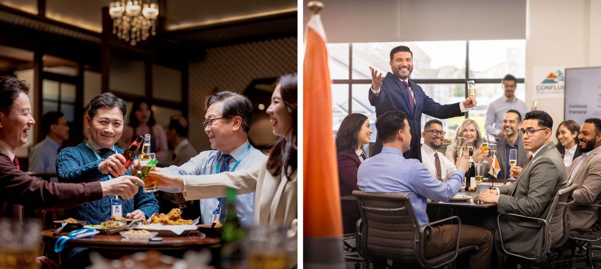 Collage: Brothers making personal choices about toasting, guided by their conscience. 1.&nbsp;A brother clinks glasses with workmates during a dinner to celebrate a company milestone. 2.&nbsp;A brother does not raise his glass as his employer proposes a toast and gestures toward a flag.