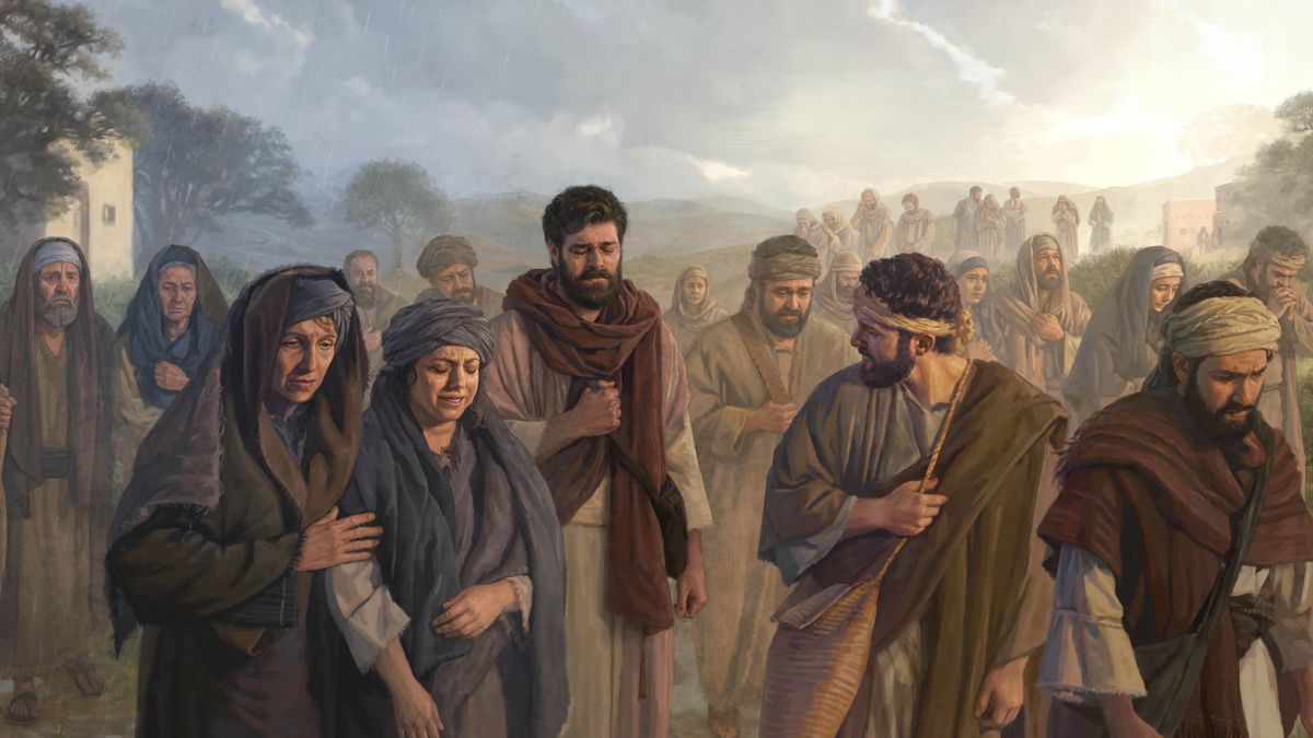 Jesus weeps with Mary, Martha, and a crowd of other mourners as they walk toward the tomb of Lazarus.