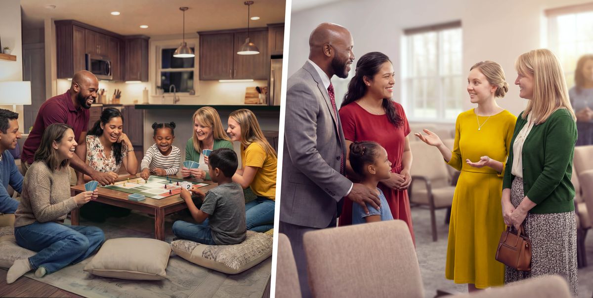 Collage: An elder makes time to be with those in the congregation. 1.&nbsp;An elder and his family play a board game with friends. 2.&nbsp;A sister and her daughter from the game night talk with the elder and his family at the Kingdom Hall.