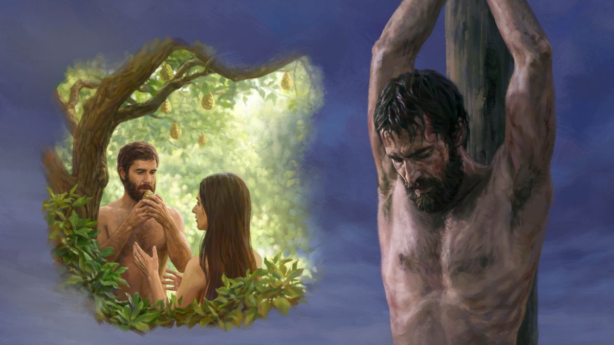 Collage: 1.&nbsp;Adam eats the forbidden fruit as Eve watches. 2.&nbsp;Jesus hanging on the torture stake.