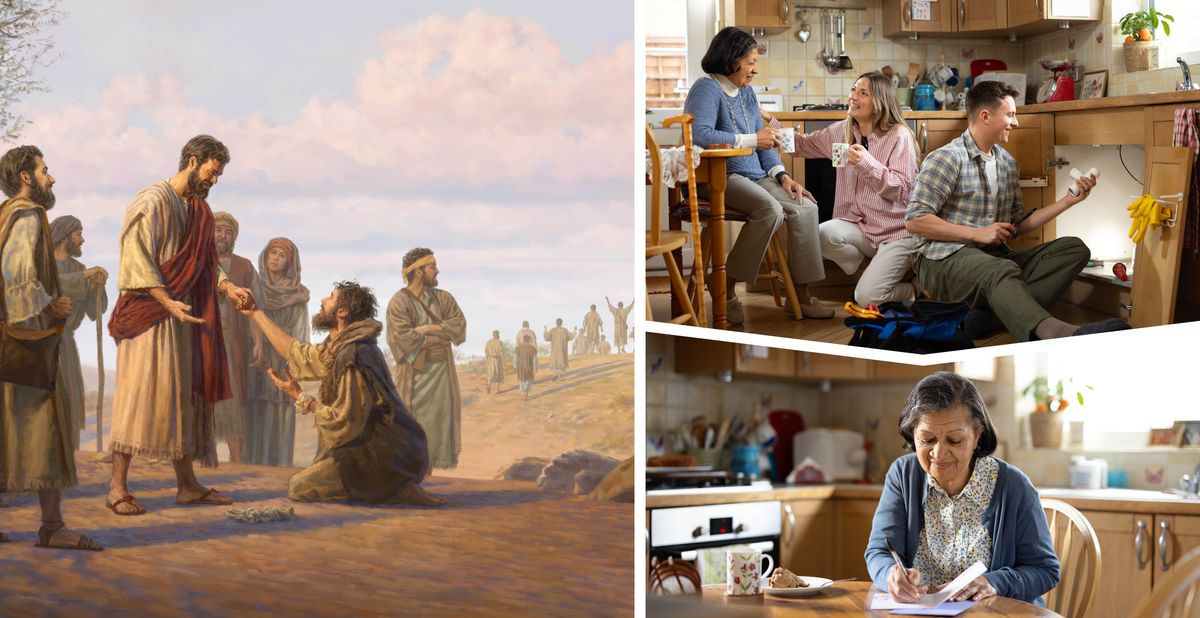 Collage: Showing gratitude for acts of kindness. 1.&nbsp;One healed leper kneels before Jesus to thank him while the others, in the background, walk away. 2.&nbsp;A couple visits an elderly sister in her home. The husband repairs the plumbing under the kitchen sink while the wife chats with her. 3.&nbsp;Later, the elderly sister writes a thank-you card to the couple.