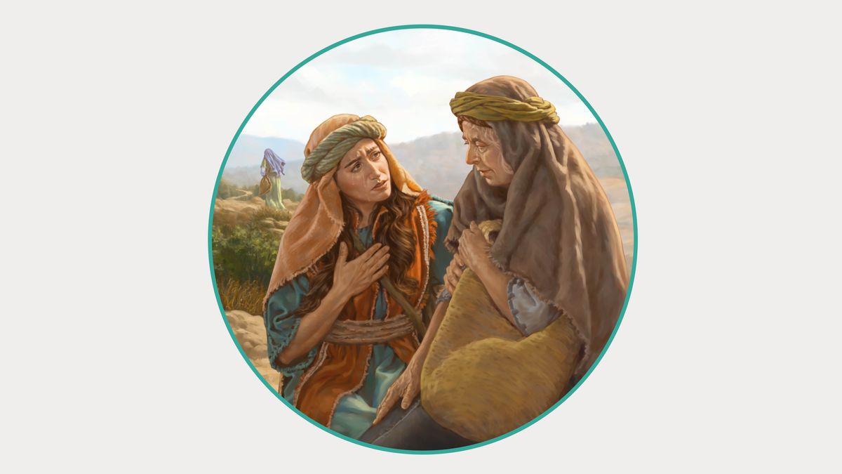Ruth cries and pleads to stay with Naomi while Orpah, in the background, walks away.