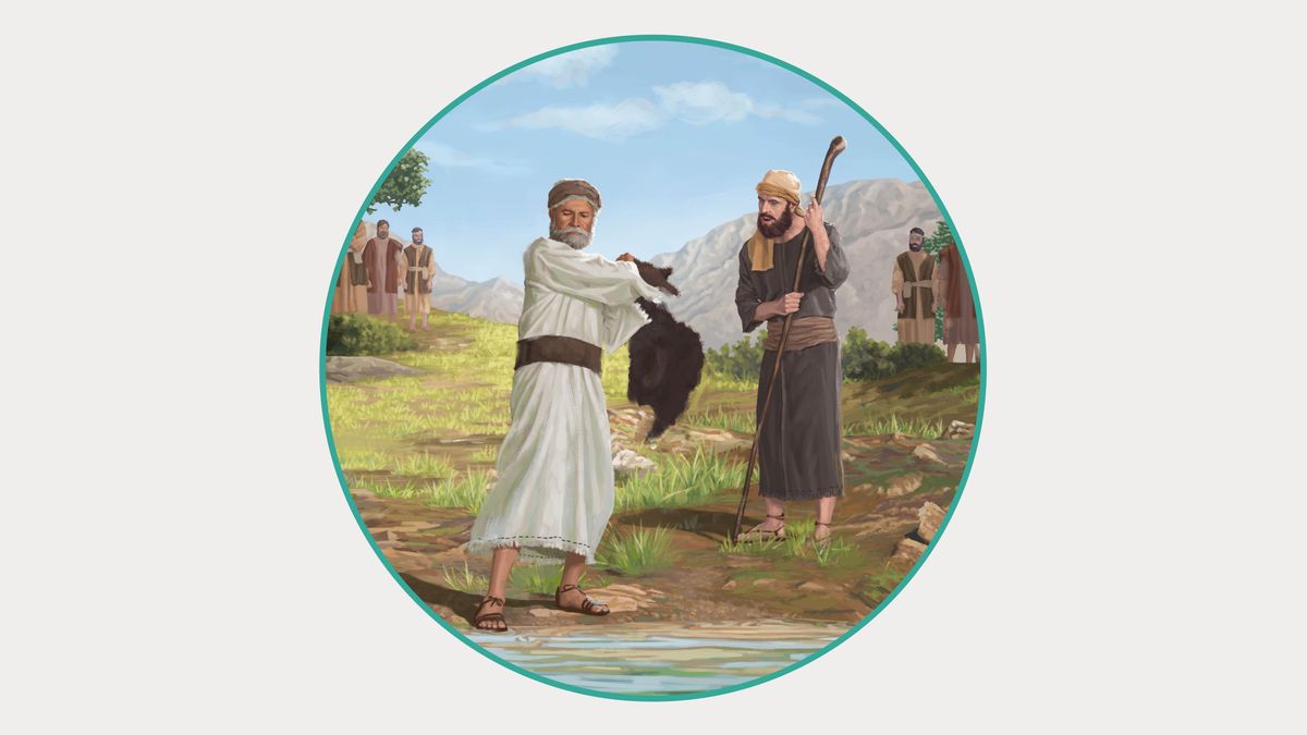 Elijah strikes the Jordan River with his official garment as Elisha watches.