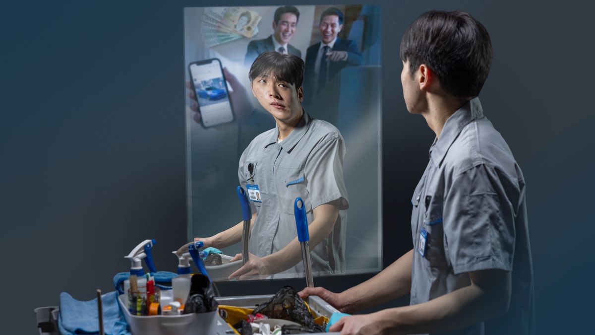 A young brother working as a janitor looks into a mirror that distorts his reflection. He is thinking about money, a luxury car on social media, and businessmen mocking him.