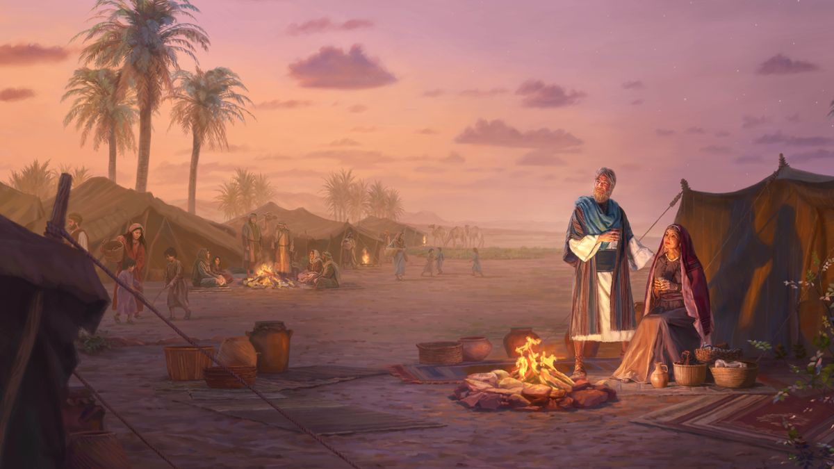 Abraham and Sarah look into the distance as they sit outside their tent and enjoy a campfire.