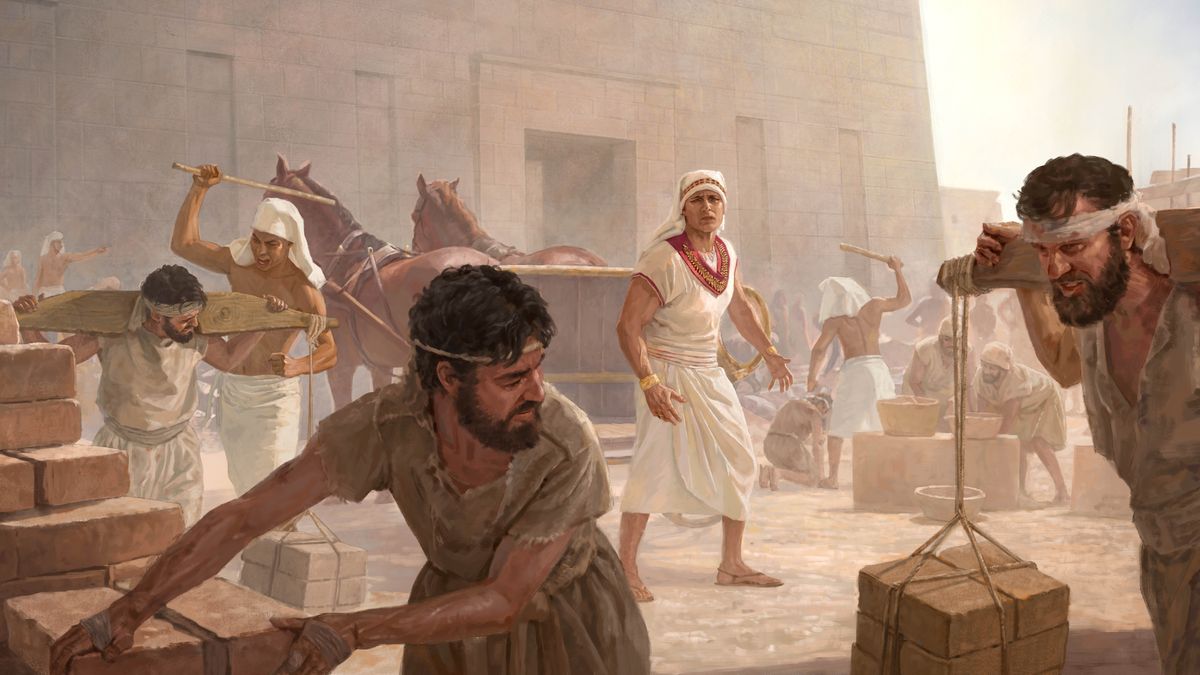 Moses watches in distress as Hebrew slaves are overworked and beaten by Egyptians.