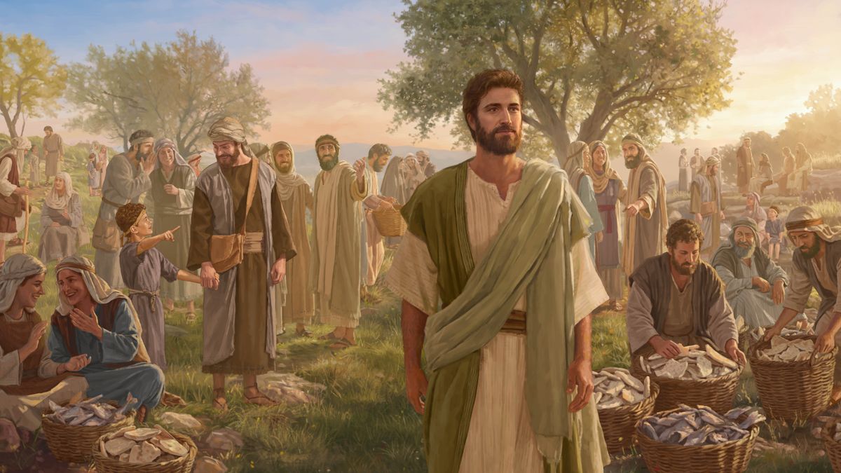Jesus walks away from a crowd of people who are talking about him. Nearby, men collect leftover food into baskets.