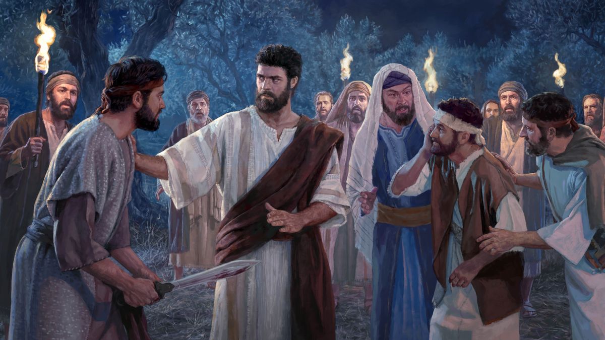 Jesus restrains Peter and gestures for him to return his sword to its place. A crowd watches in shock, and a wounded man holds the side of his head.