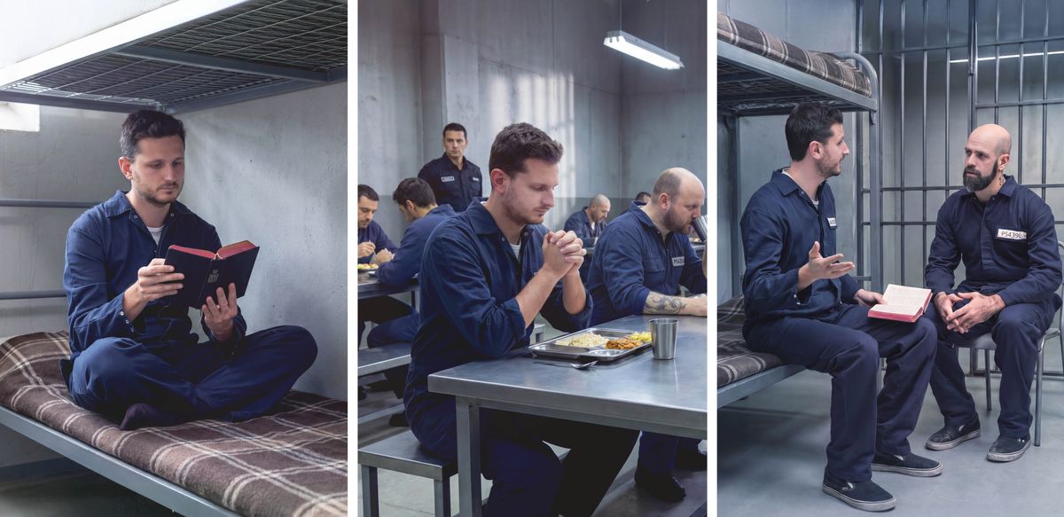 Collage: A brother in prison maintaining his spiritual routine. 1.&nbsp;He reads the Bible while in his prison cell. 2.&nbsp;He prays before eating in the cafeteria. 3.&nbsp;He preaches to another prisoner.